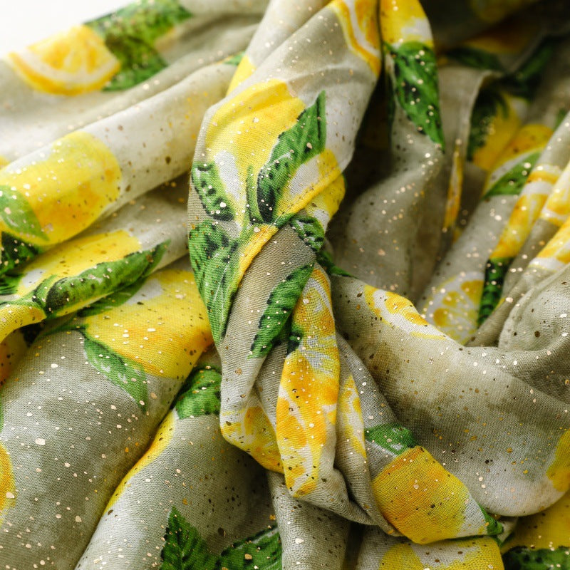 Green lemon foil print fringed wrap scarf fabric detail
