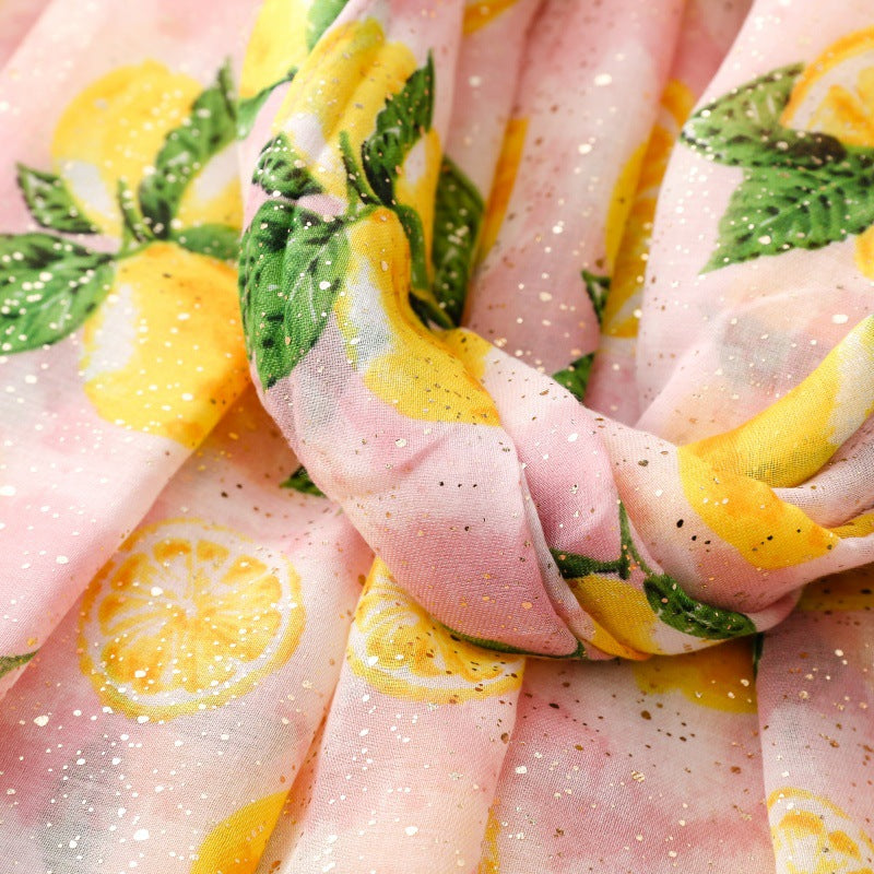 Pink lemon foil print fringed wrap scarf fabric detail