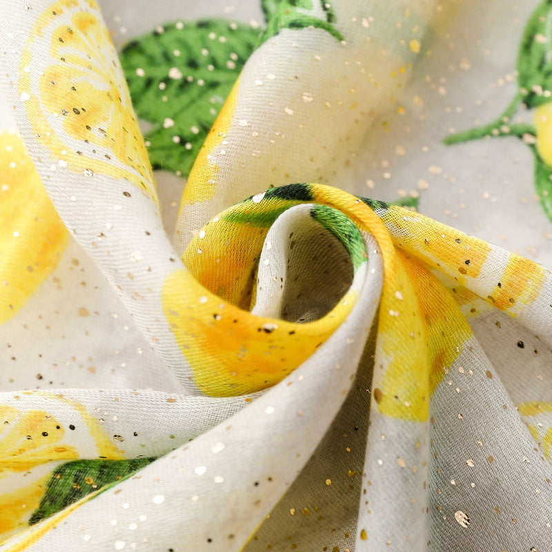 Yellow lemon foil print fringed wrap scarf fabric detail