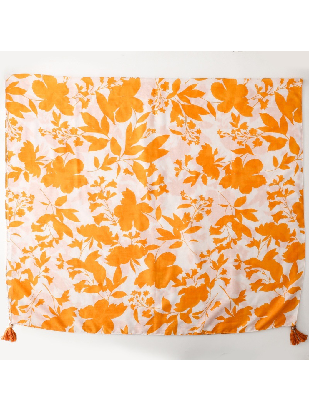 Floral white and orange square scarf with corner tassels, full view