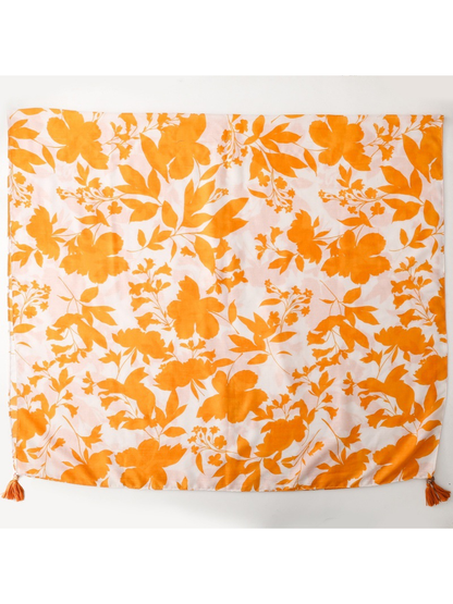 Floral white and orange square scarf with corner tassels, full view