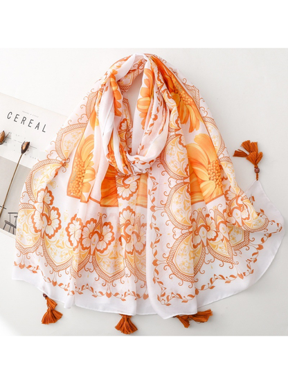 Medallion white and orange square scarf with floral motifs and beaded tassels