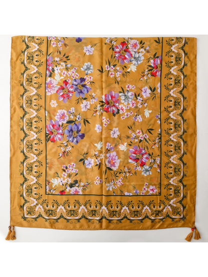 Paisley mustard-gold square scarf with multicolor flowers and beaded tassels