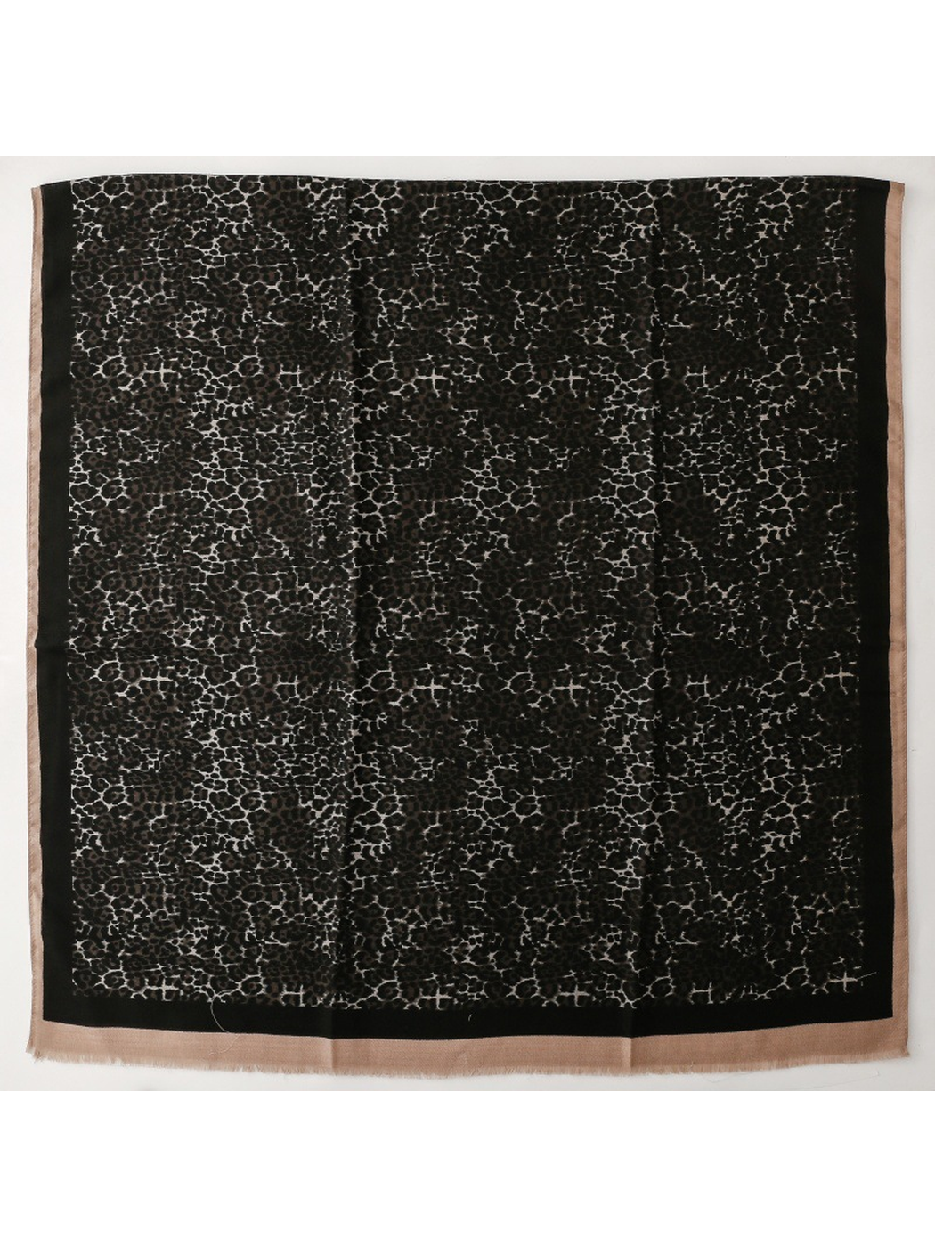 Black leopard-print square scarf with beige fringed border, full view