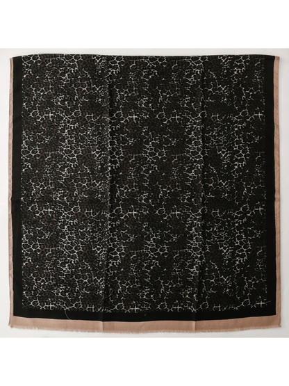Black leopard-print square scarf with beige fringed border, full view