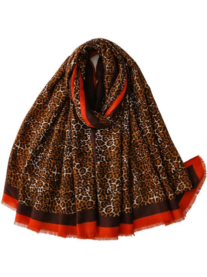 Brown leopard-print scarf with dark brown and orange fringed border, draped full view