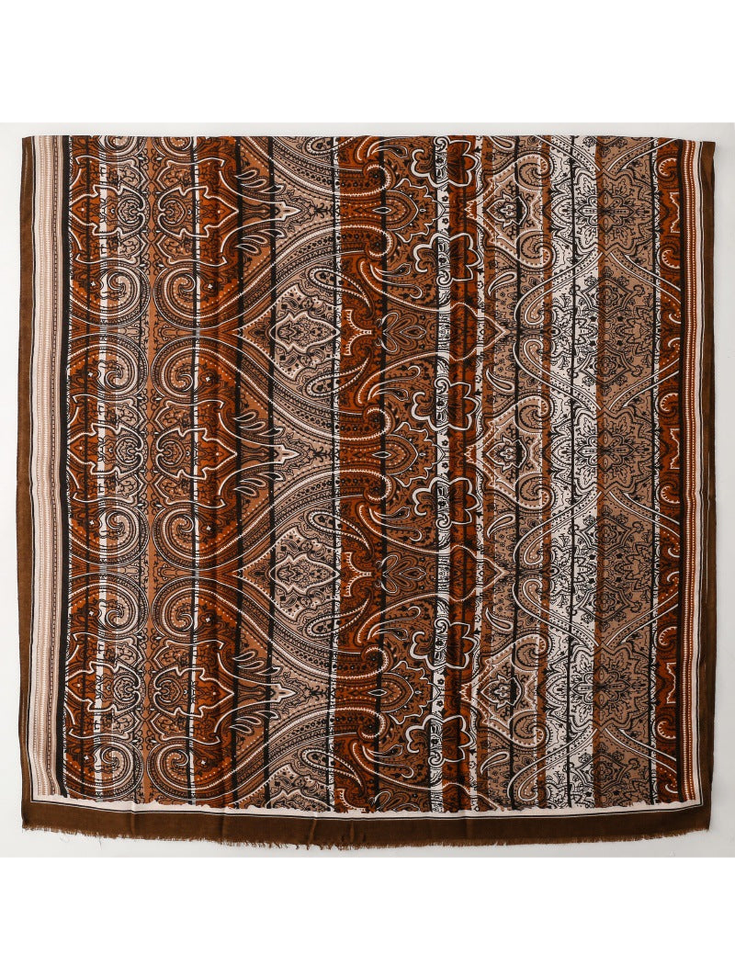 Paisley brown square scarf with ornamental pattern, border and short fringe