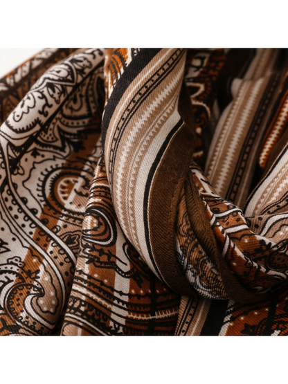 Close-up of Paisley scarf wide brown border and narrow stripes