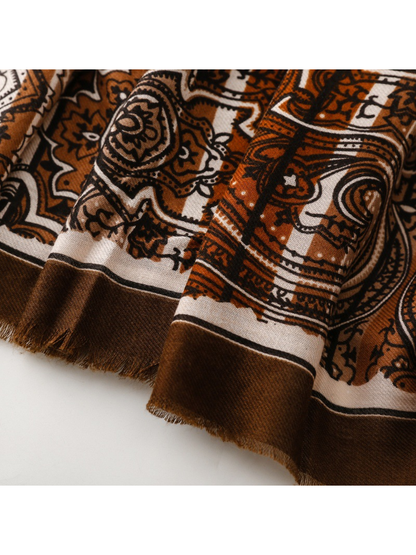 Close-up of Paisley scarf brown border and short fringe