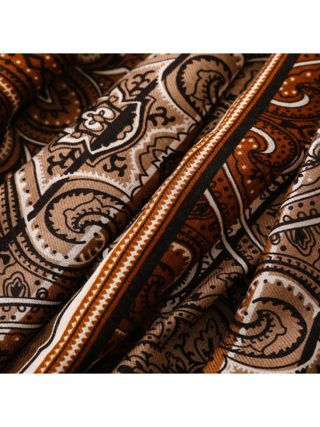 Close-up of Paisley scarf motifs and narrow striped border