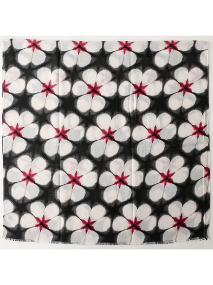 White, black and red square scarf with abstract floral pattern and fringed edge