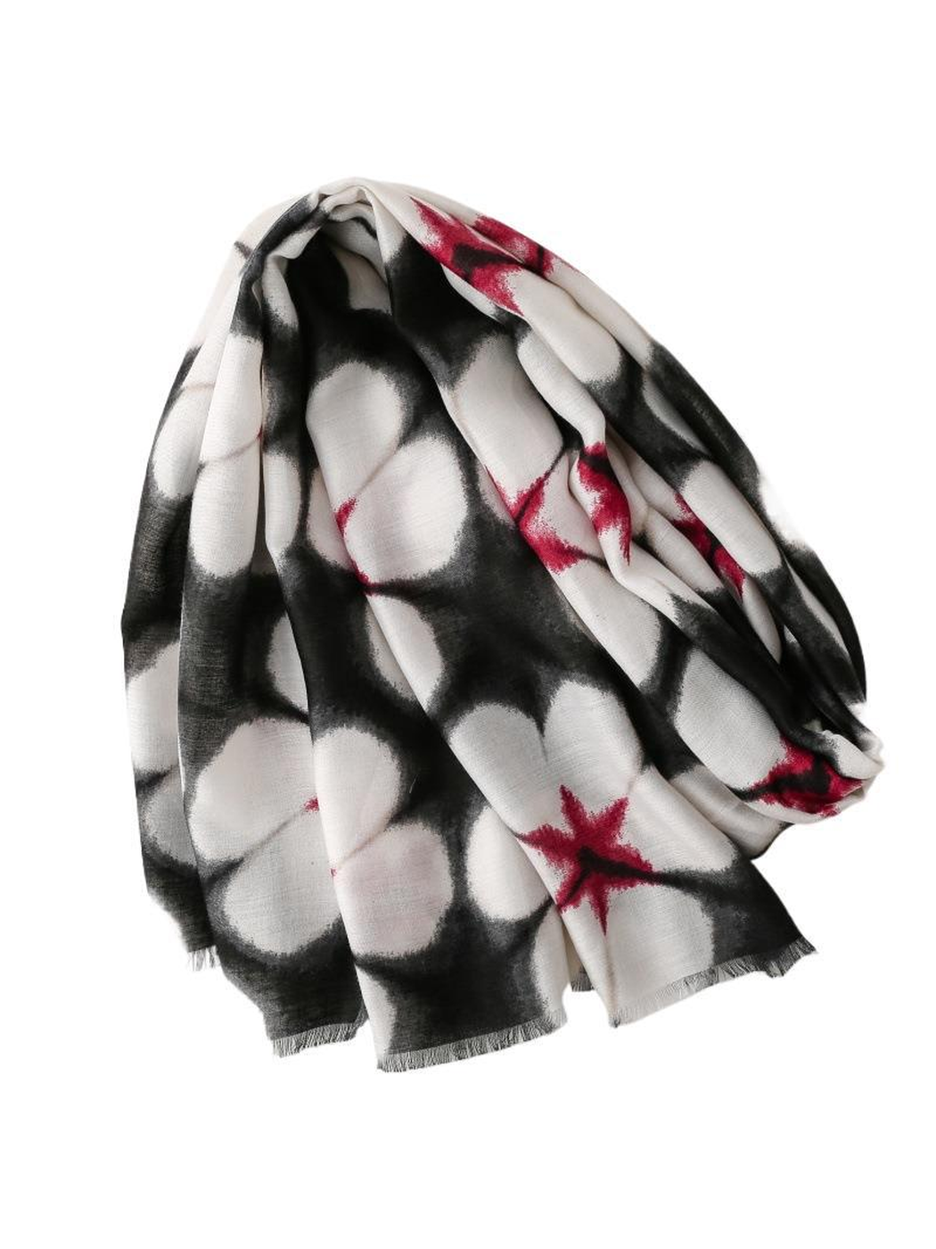 Floral white, black and red scarf arranged in broad draped folds