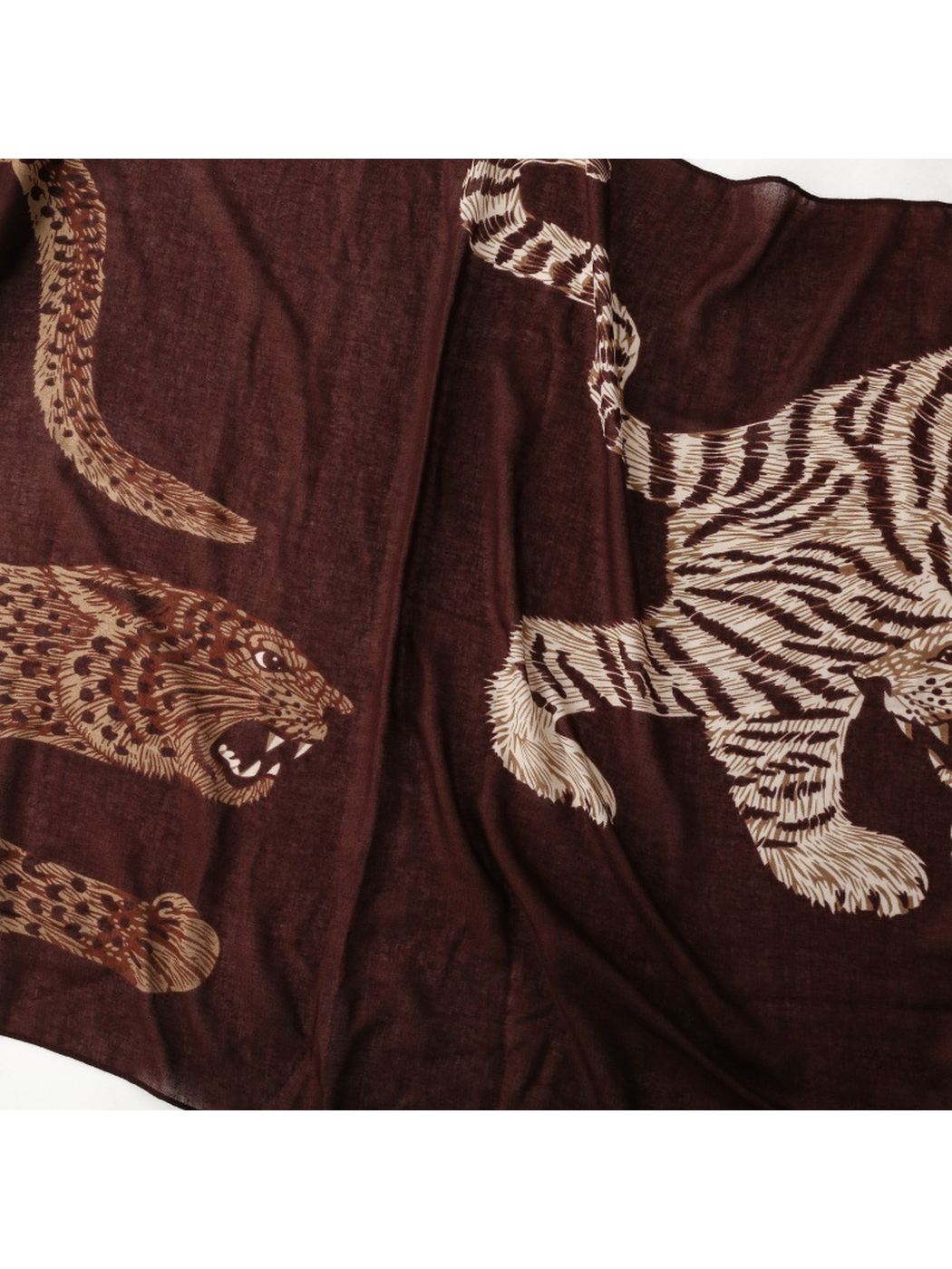 Leopard burgundy scarf overview with large tiger and leopard motifs