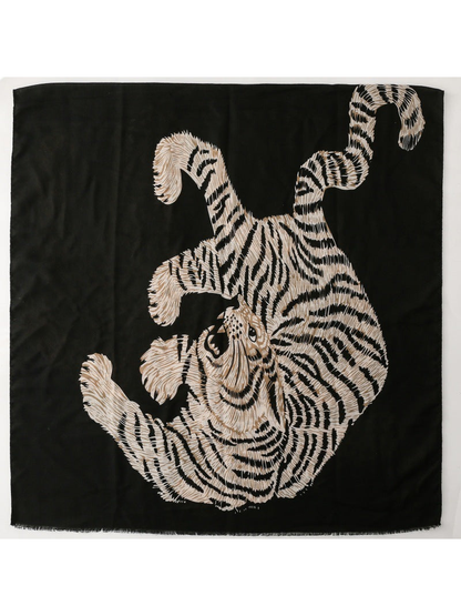 Tiger square scarf with cream and tan animal motif on black