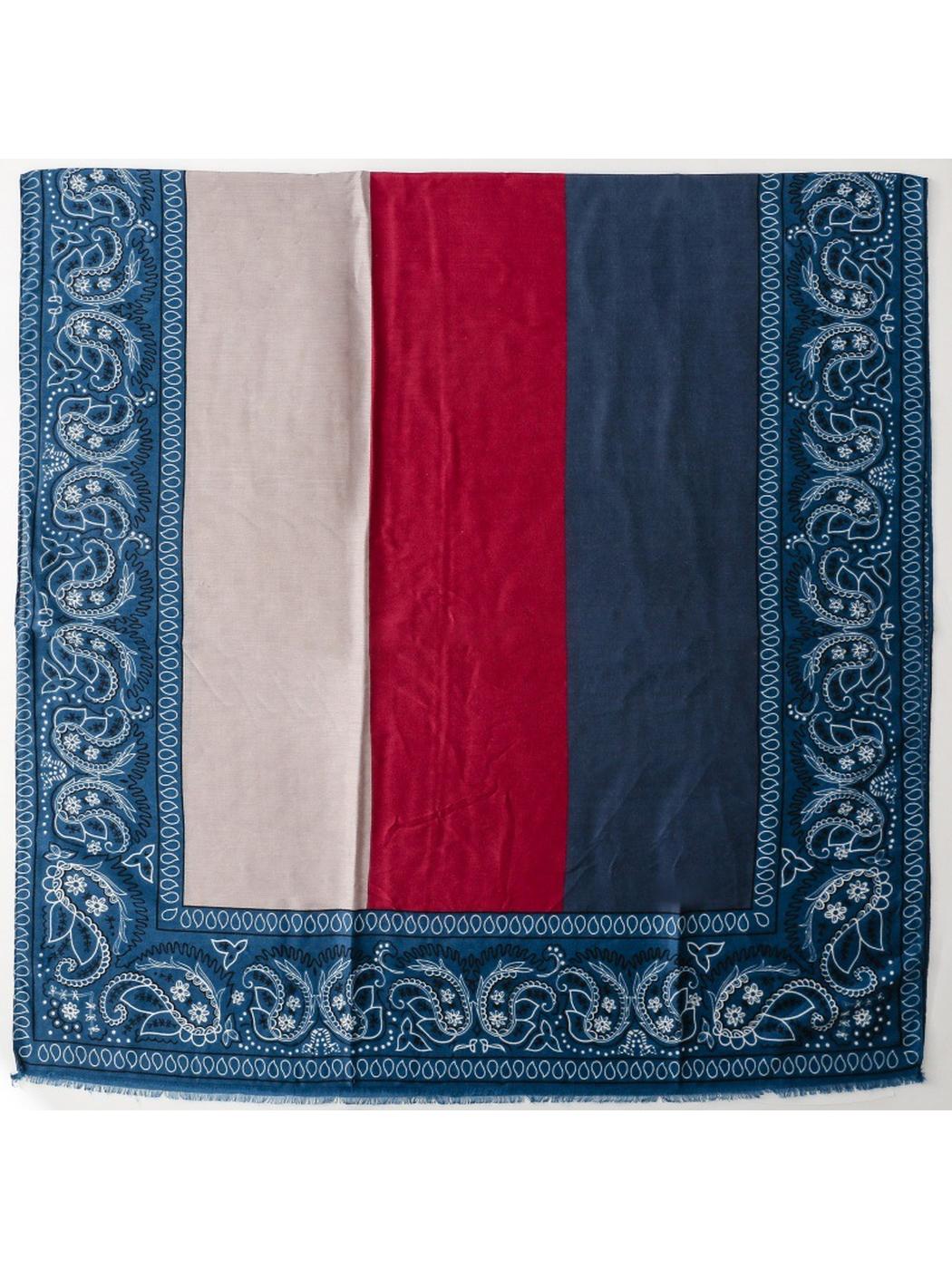 Blue, red and light gray color-block paisley scarf laid flat with short fringe