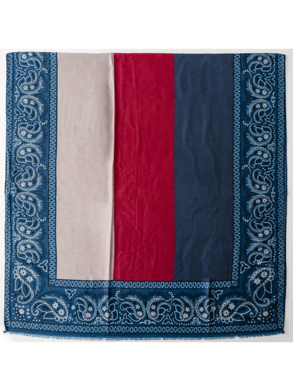 Blue, red and light gray color-block paisley scarf laid flat with short fringe