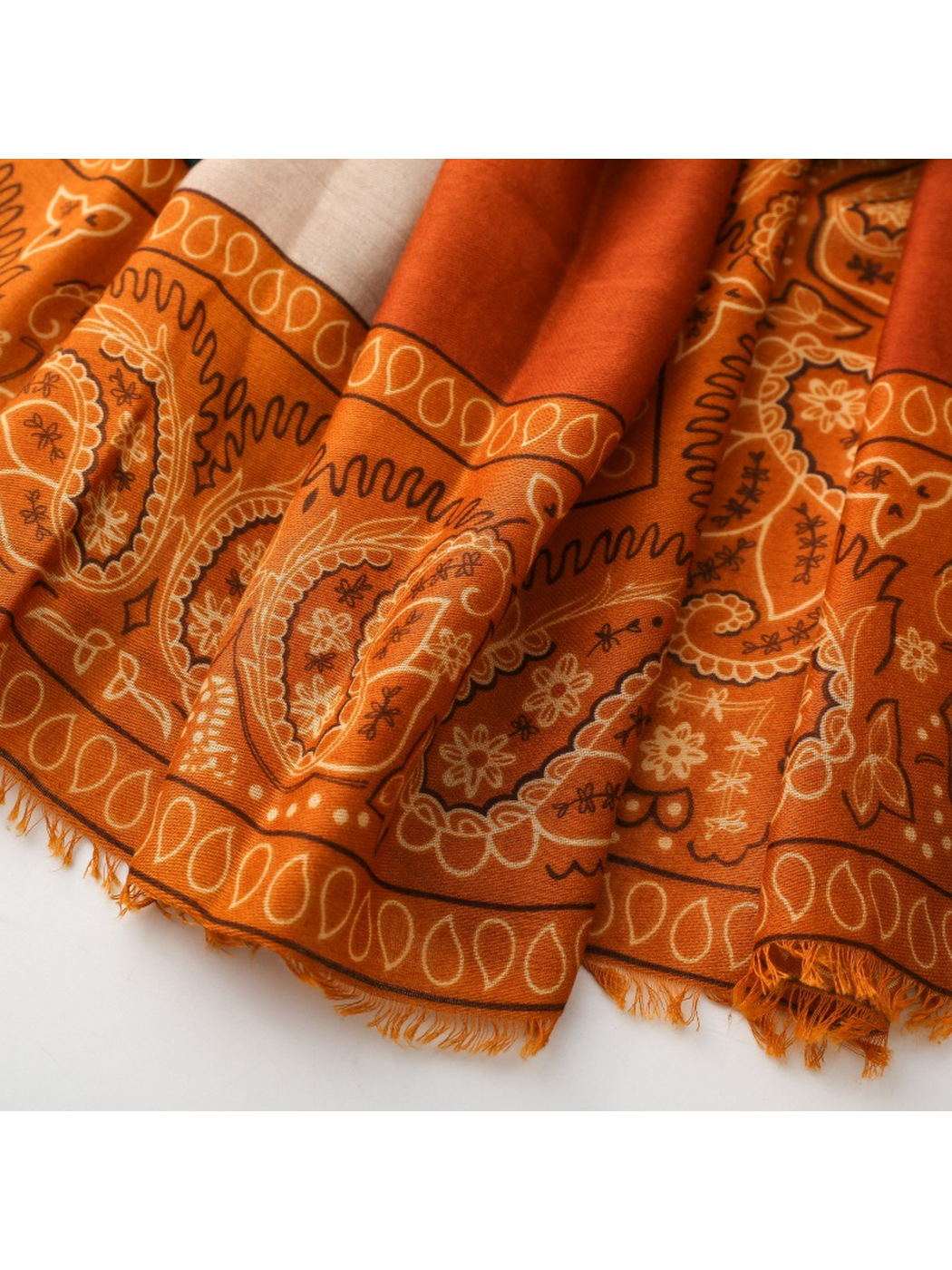 Close-up of orange fringe below the paisley border