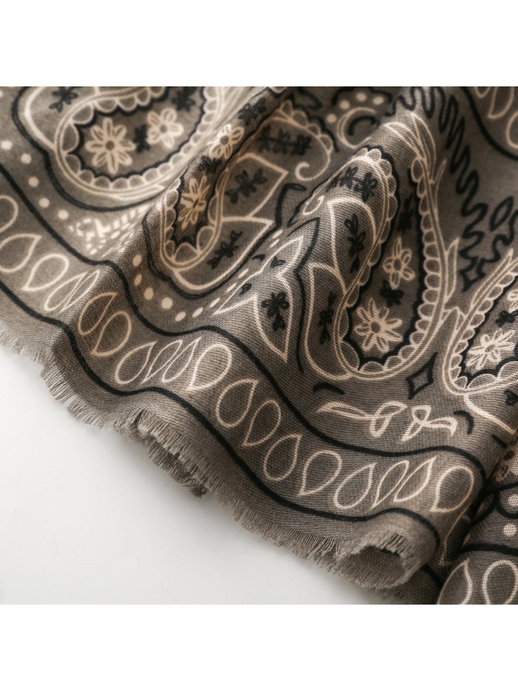 Close-up of gray fringe along the paisley-printed edge