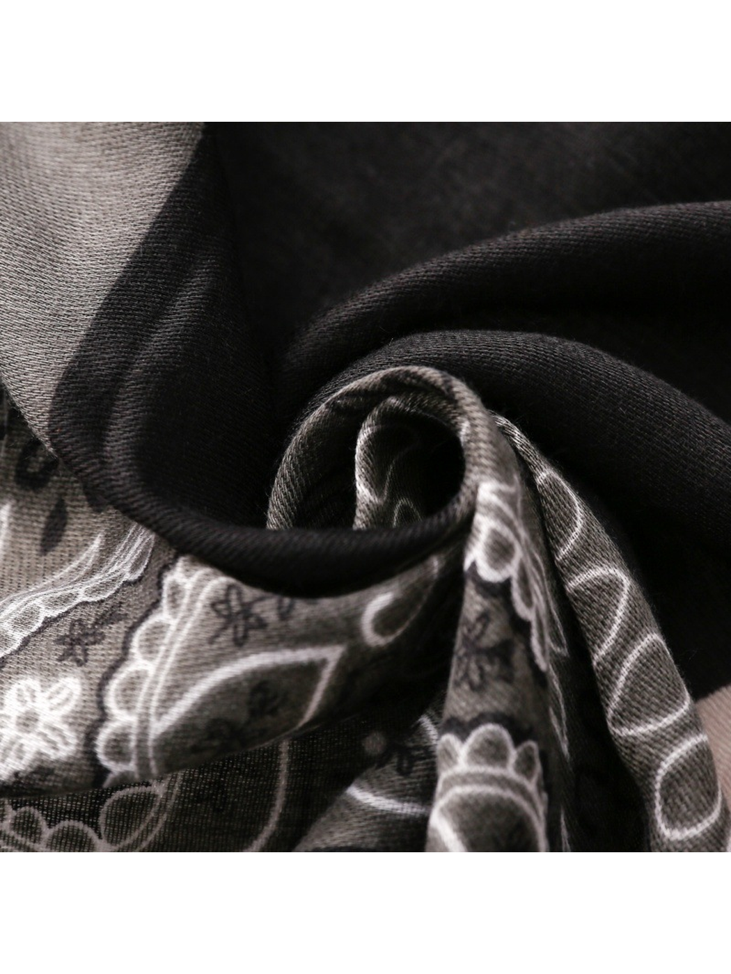 Close-up of the black and gray scarf's fine woven texture and curved folds