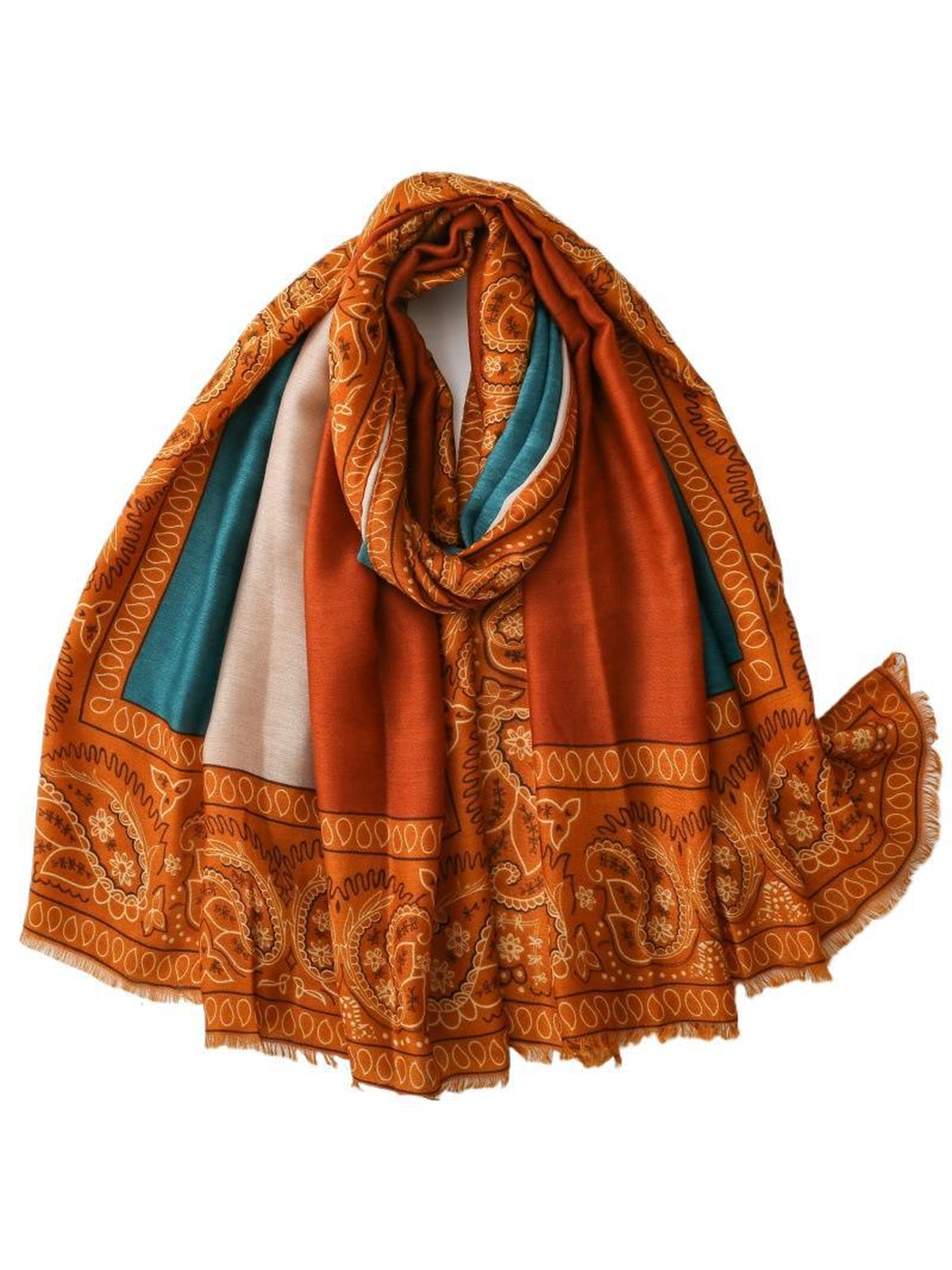 Burnt orange, teal and cream paisley scarf arranged in a full draped view