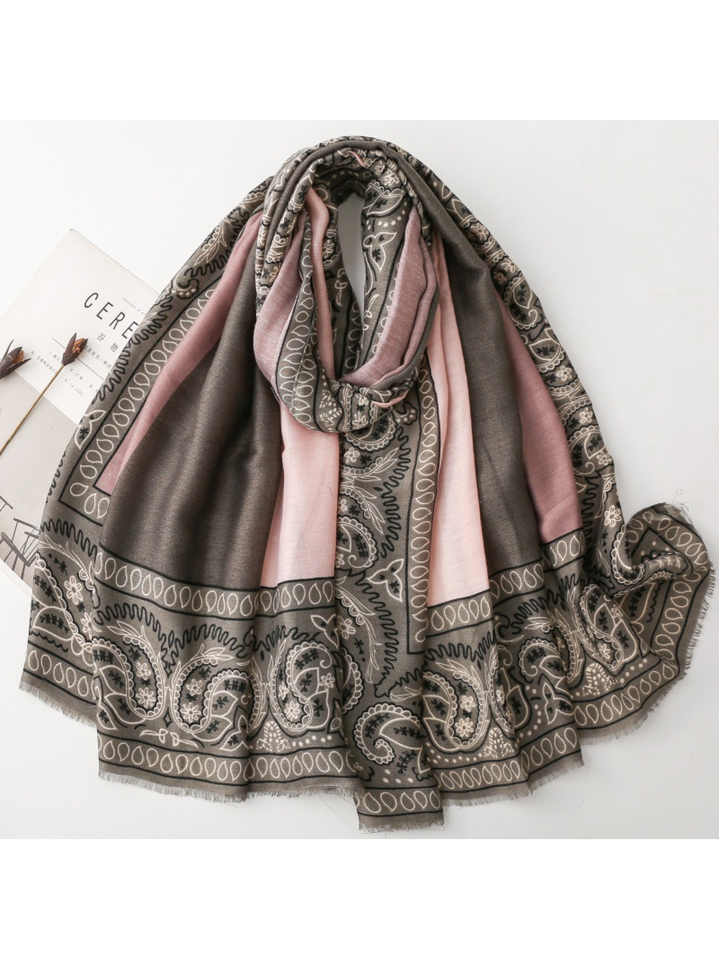 Gray and dusty pink paisley scarf in a full draped view