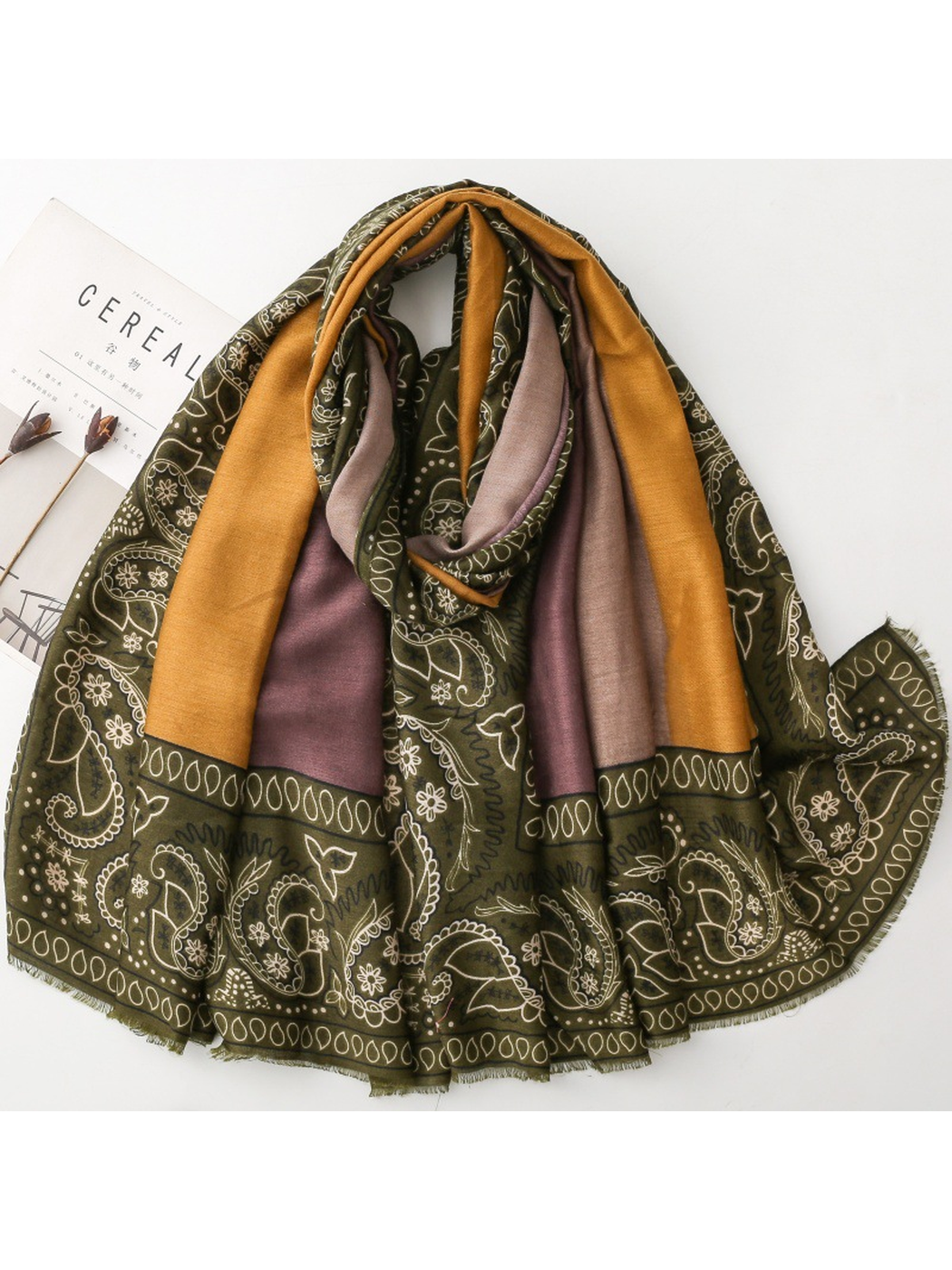 Olive green, mustard yellow and mauve paisley scarf in a full draped view