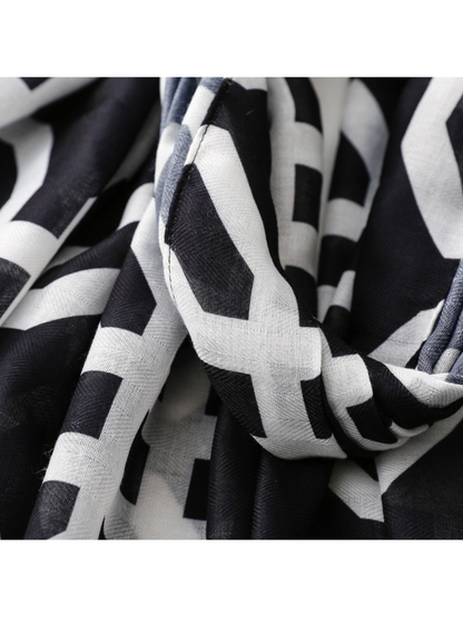 Close-up of the fine weave appearance and stitched geometric-print hem