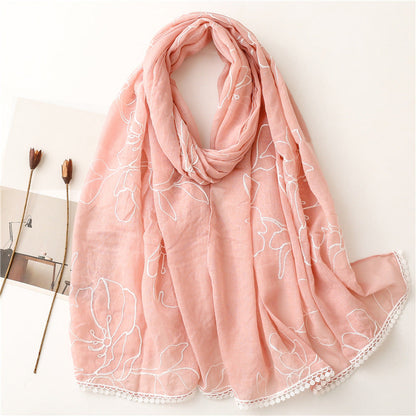 Pink floral embroidered lace trim shawl in a draped product view