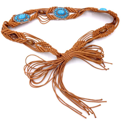 Beco Ethnic Woven Bead Chain Tassel Belt color options including Black, White, Brown