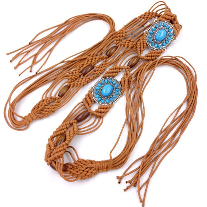 Beco Ethnic Woven Bead Chain Tassel Belt showing woven texture