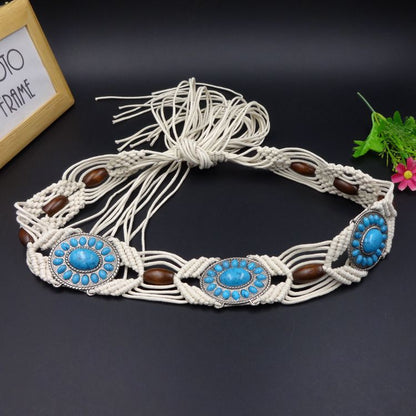 Beco Ethnic Woven Bead Chain Tassel Belt with woven texture