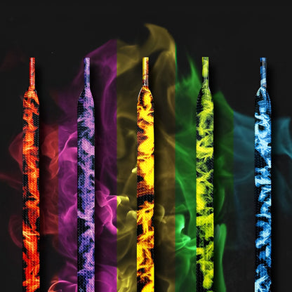 Close-up of Shoeya flaming flat shoelaces in bright orange and yellow colors