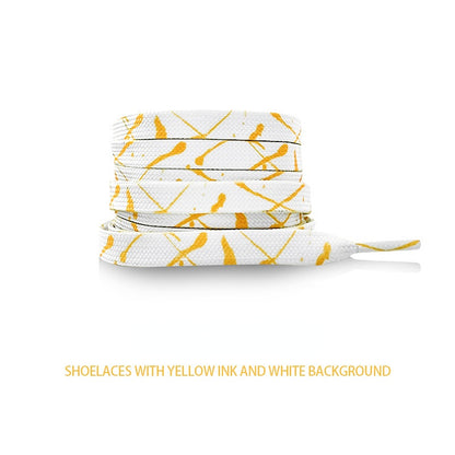 Shoeya Splash flat shoelaces threaded through white sneaker eyelets with splash design