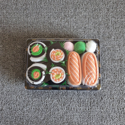 Close-up of sushi pattern on one pair of socks with nigiri design