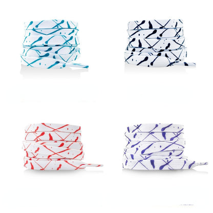 Shoeya Splash flat shoelaces in capsule packaging with colorful splatter design