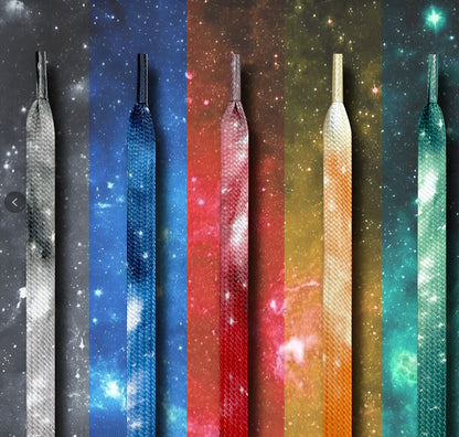 Close-up of galaxy pattern flat shoelace with vibrant blue and purple colors