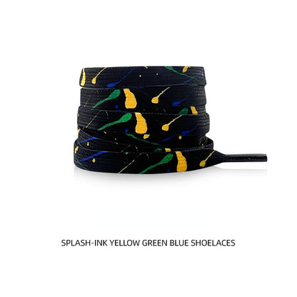 Shoeya Splash flat shoelaces threaded through sneaker eyelets showcasing splash colors