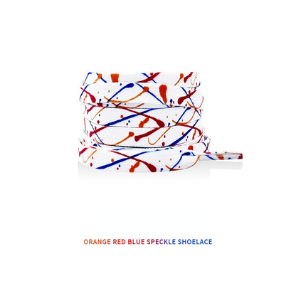 Shoeya Splash flat shoelaces coiled with vibrant paint splatter colors on neutral background