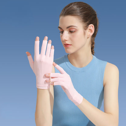 Pair of white Sunscreen Summer Gloves laid flat showing full length