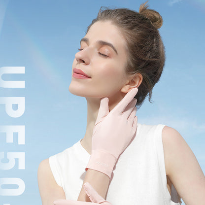 Pair of Classic Sunscreen Summer Gloves in light beige fabric laid flat