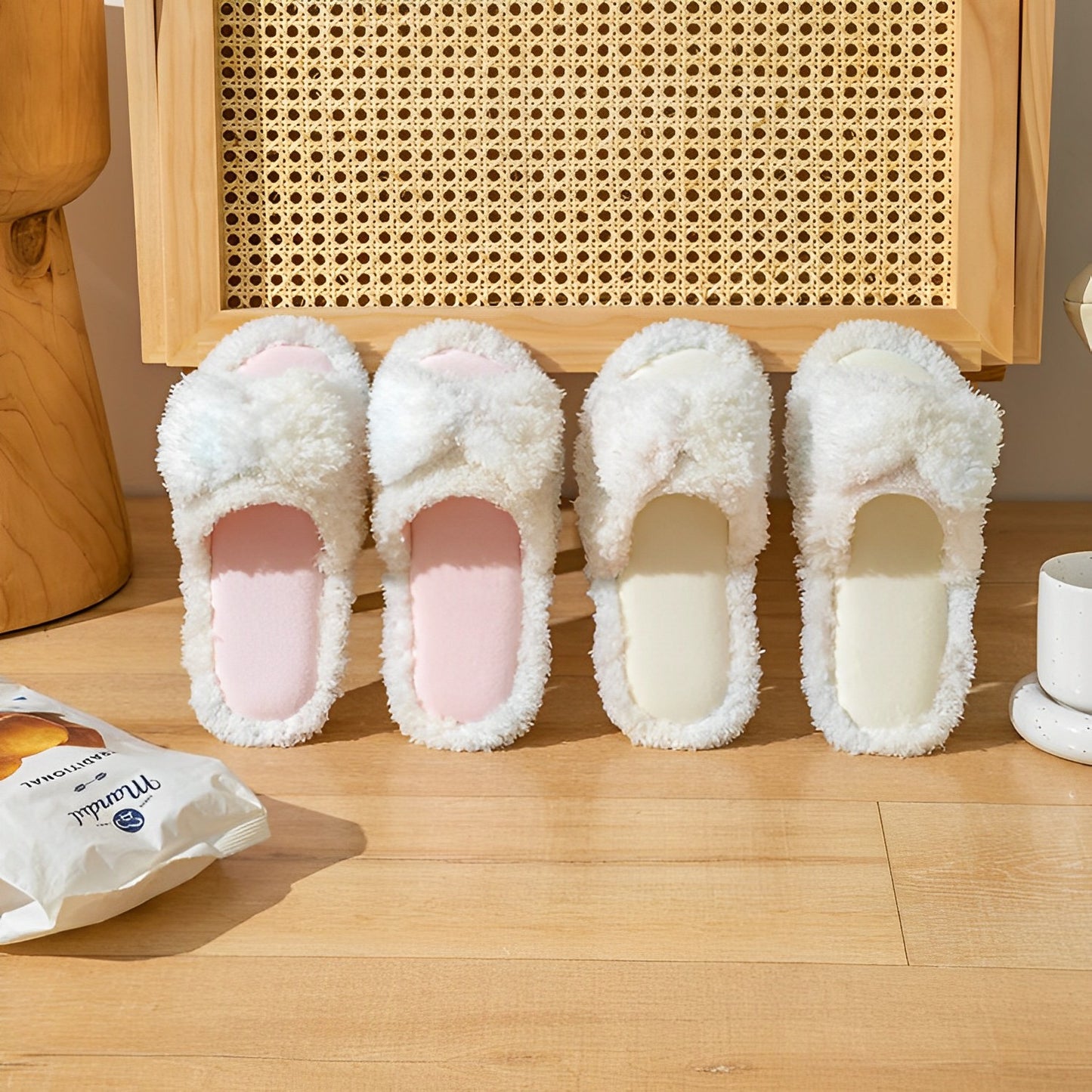 Slipeer - Cream Furry Slipper with Bowtie