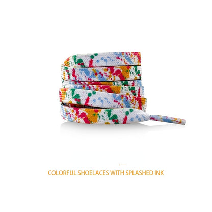Shoeya Splash flat shoelaces in capsule packaging with bright multicolor paint splatter