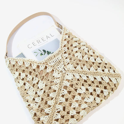 Paper Rope Woven Beach Bag with Block Design