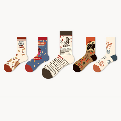 Five pairs of Rufia vintage painting socks displayed flat showing colorful artistic designs