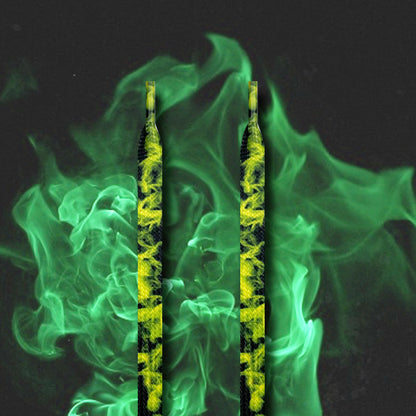 Shoeya flaming flat shoelaces displayed alongside the capsule packaging