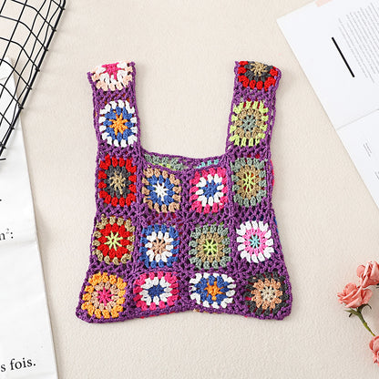 Cosbai Bohemian vintage crochet bag with strap arranged beside it on white background