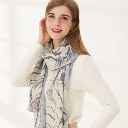Close-up of Scarvii marble long scarf fabric texture with gray and white marble design