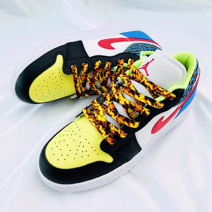 Shoeya flaming flat shoelaces coiled inside a transparent capsule container
