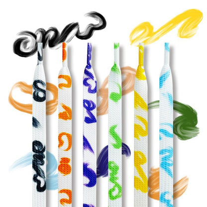 Close-up of Shoeya graffiti flat shoelaces in a colorful capsule packaging
