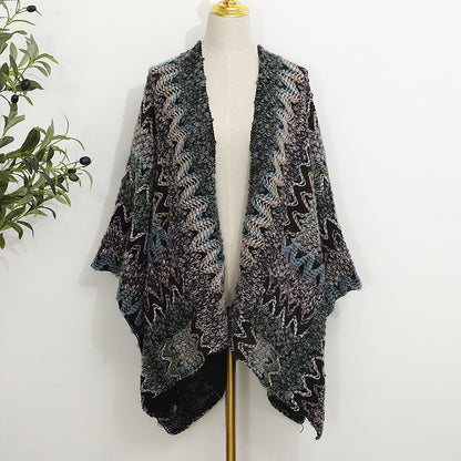 Back view of the shawl highlighting its drape and soft fabric texture